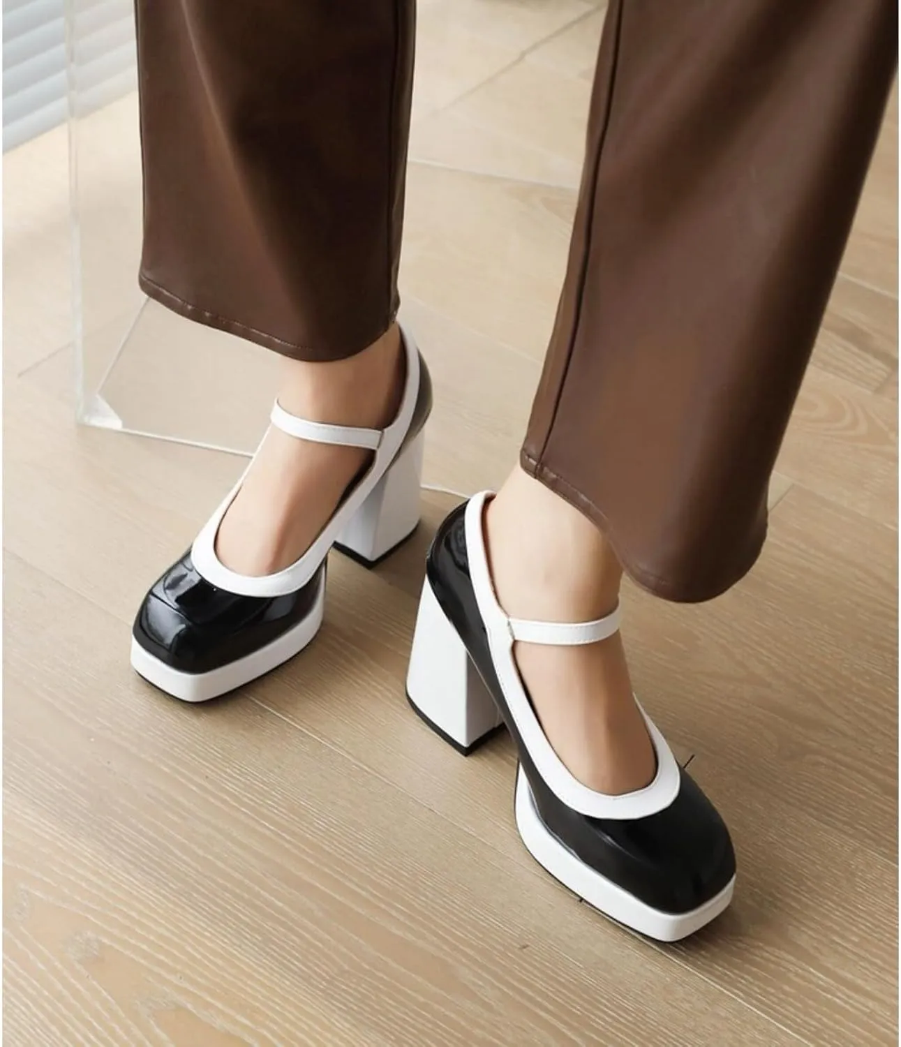Women's Platform Chunky Block High Heels Pumps Comfortable Sexy Closed Square Toe Two-Tone Mary Jane Shoes Fashion Buckle Leather Wedding Party Dress Lolita Shoe