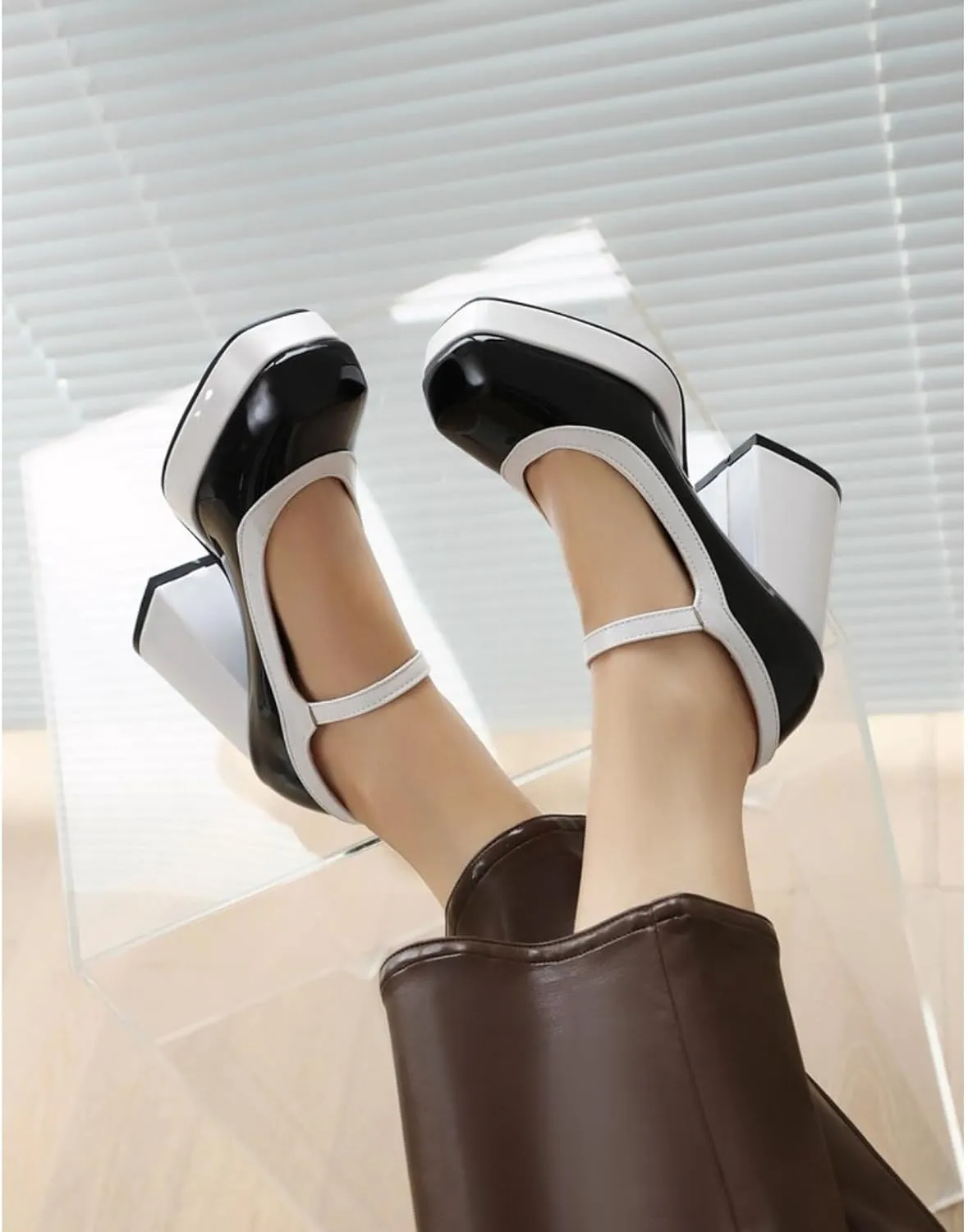Women's Platform Chunky Block High Heels Pumps Comfortable Sexy Closed Square Toe Two-Tone Mary Jane Shoes Fashion Buckle Leather Wedding Party Dress Lolita Shoe