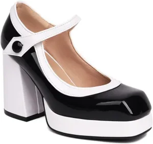 Women's Platform Chunky Block High Heels Pumps Comfortable Sexy Closed Square Toe Two-Tone Mary Jane Shoes Fashion Buckle Leather Wedding Party Dress Lolita Shoe