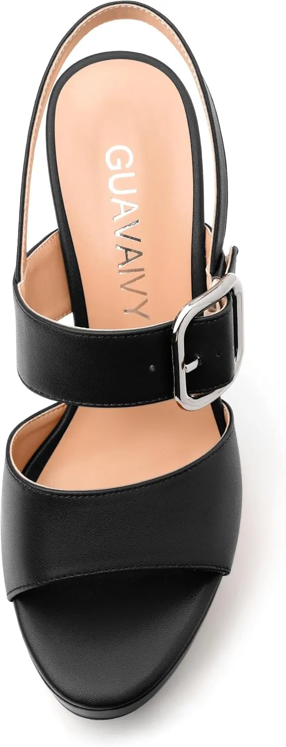 Women's Platform Sandals, Round Toe Chunky High Heels, Fashion Ankle Strap Buckle Heeled Sandal 4.8 Inch