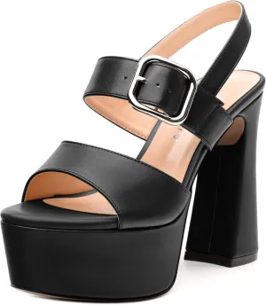 Women's Platform Sandals, Round Toe Chunky High Heels, Fashion Ankle Strap Buckle Heeled Sandal 4.8 Inch
