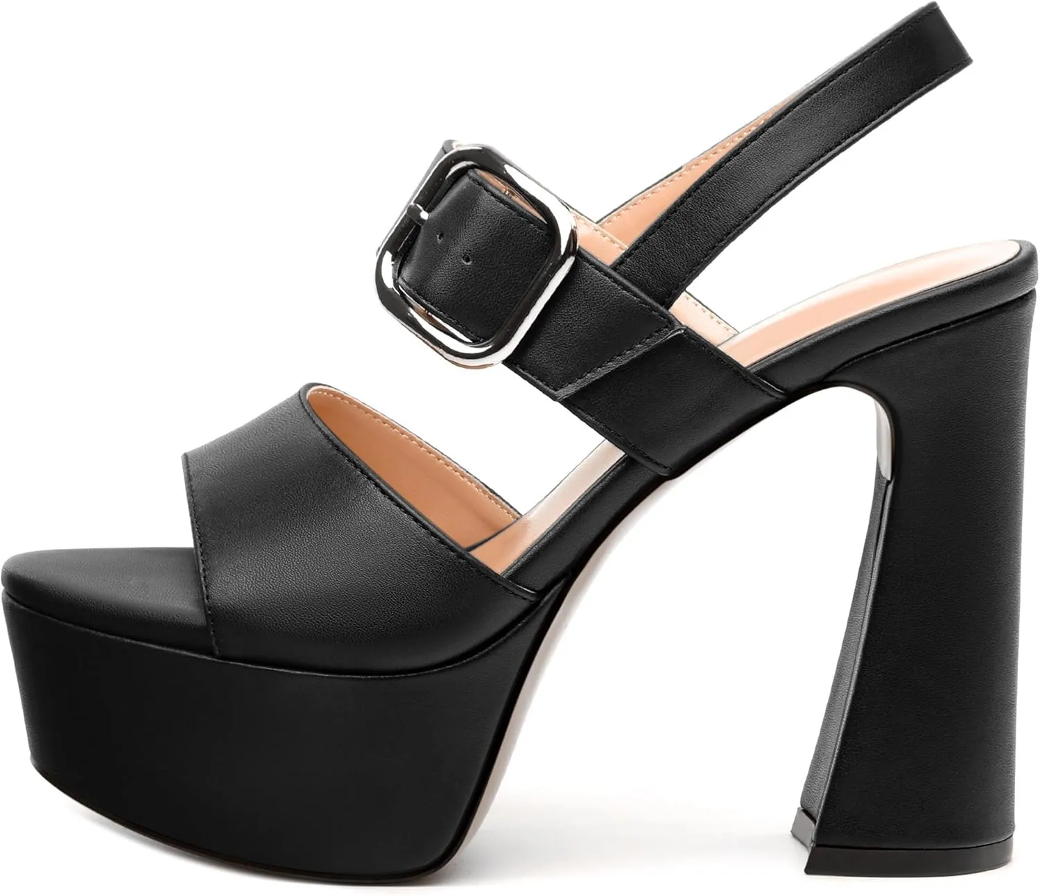 Women's Platform Sandals, Round Toe Chunky High Heels, Fashion Ankle Strap Buckle Heeled Sandal 4.8 Inch