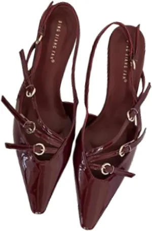 Women's Pointed Toe Kitten Heels Buckle Pumps,Sexy Slingback Adjustable Metallic Multi-Buckle Low Heel Sandals Slip On Office Party Dress Pumps Shoes