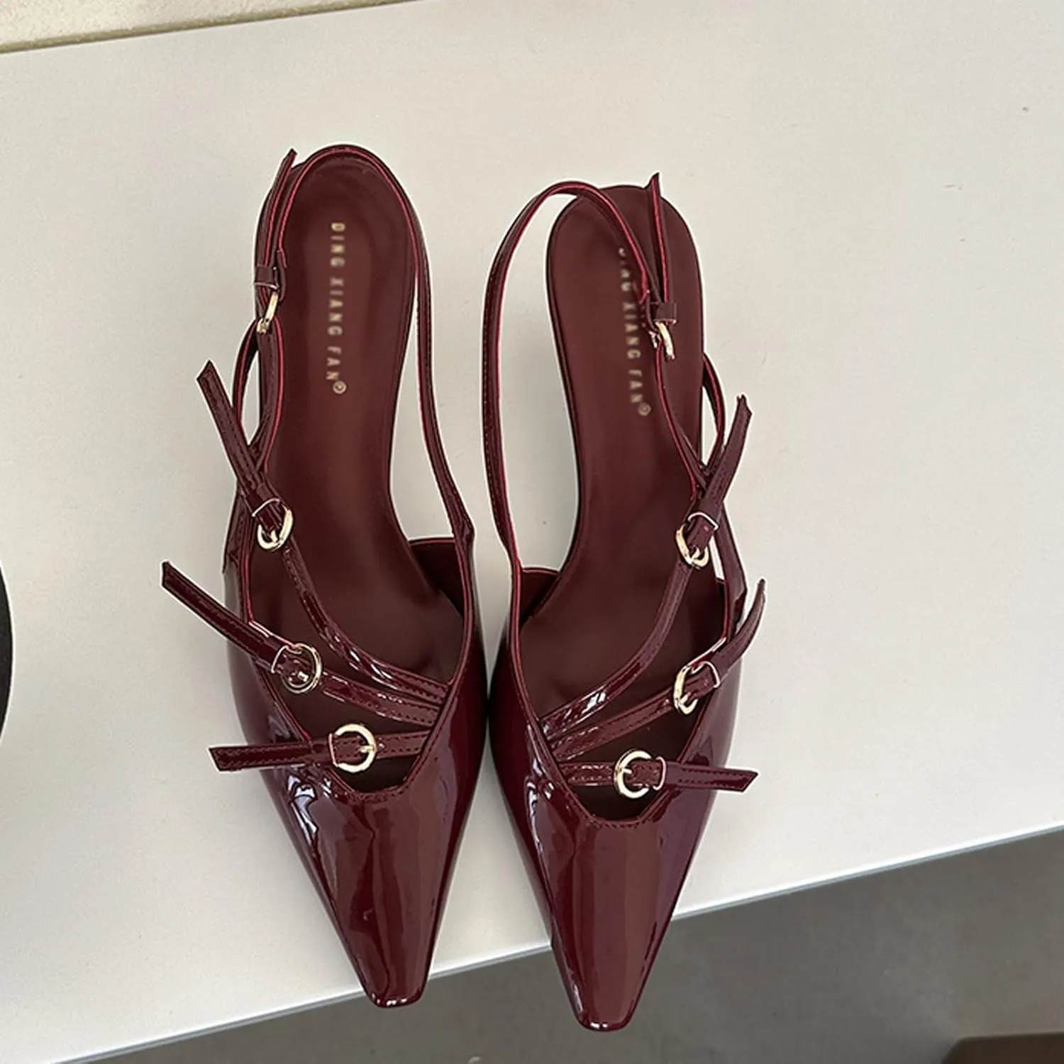 Women's Pointed Toe Kitten Heels Buckle Pumps,Sexy Slingback Adjustable Metallic Multi-Buckle Low Heel Sandals Slip On Office Party Dress Pumps Shoes