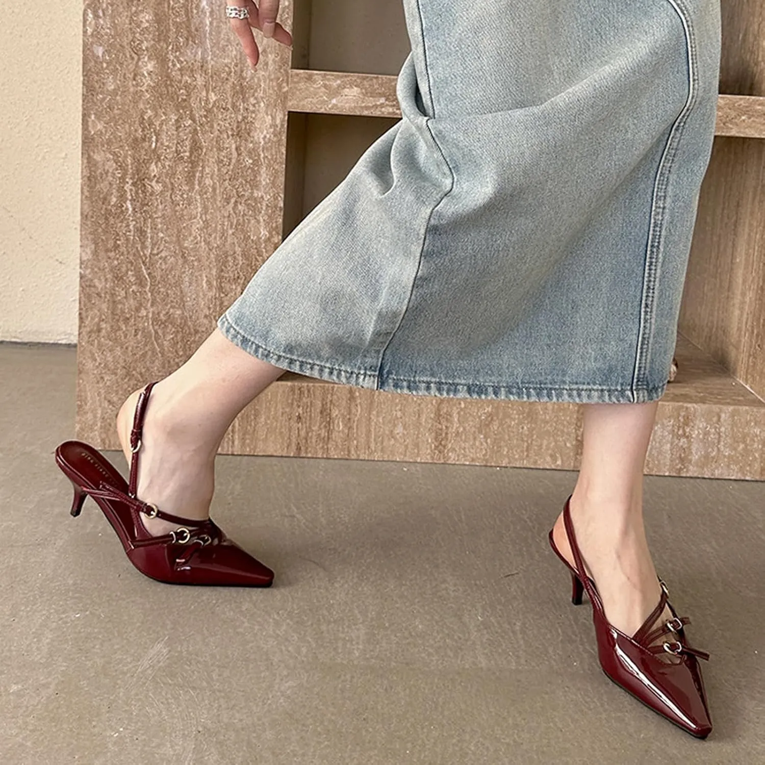 Women's Pointed Toe Kitten Heels Buckle Pumps,Sexy Slingback Adjustable Metallic Multi-Buckle Low Heel Sandals Slip On Office Party Dress Pumps Shoes