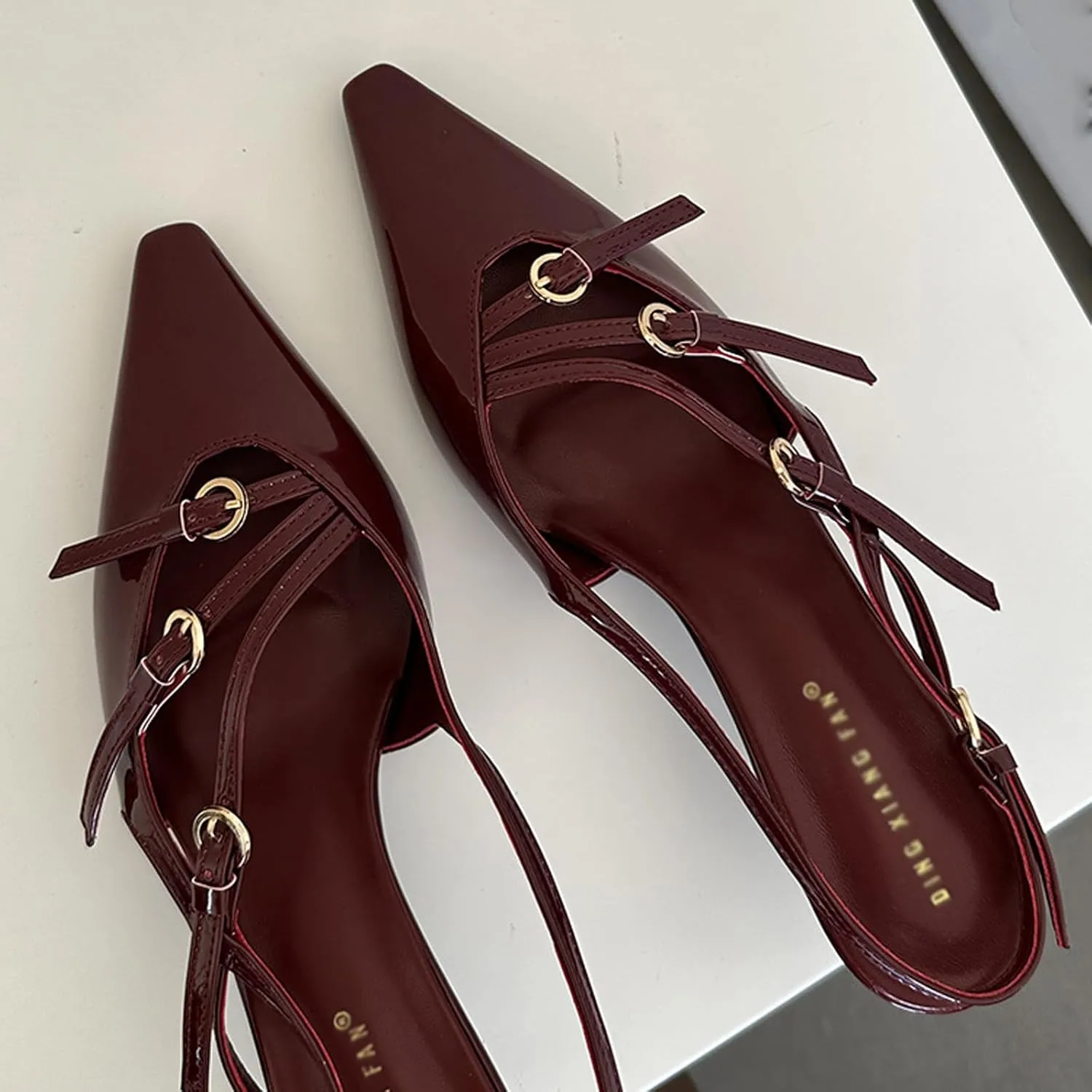 Women's Pointed Toe Kitten Heels Buckle Pumps,Sexy Slingback Adjustable Metallic Multi-Buckle Low Heel Sandals Slip On Office Party Dress Pumps Shoes