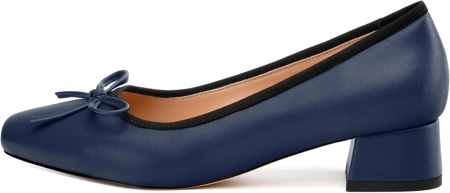 Womens Pumps, Square Toe Low Block Heel Pumps for Women, Leather Insole Comfort Daily Pump Shoes with Bow Tie 1.3"