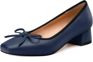 Womens Pumps, Square Toe Low Block Heel Pumps for Women, Leather Insole Comfort Daily Pump Shoes with Bow Tie 1.3"