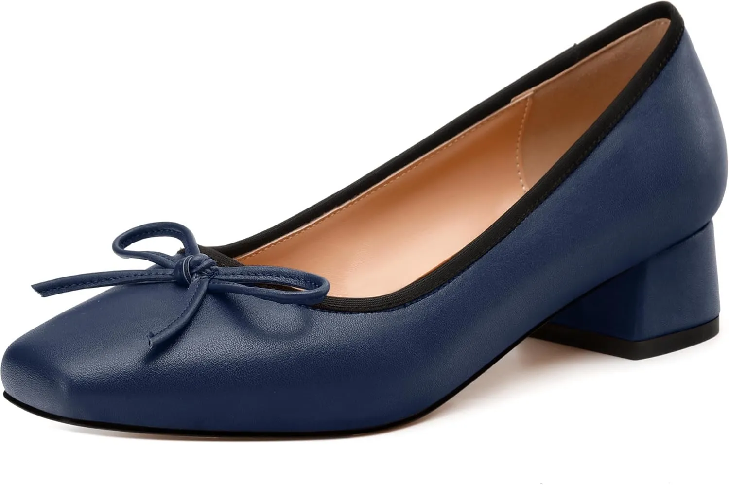 Womens Pumps, Square Toe Low Block Heel Pumps for Women, Leather Insole Comfort Daily Pump Shoes with Bow Tie 1.3"