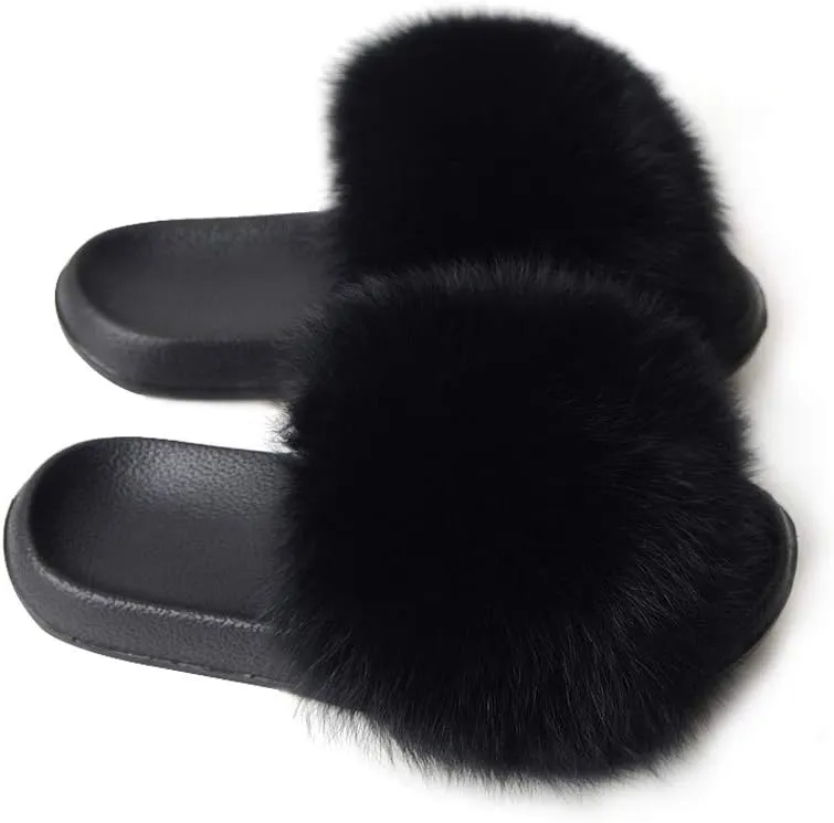 Women's Real Fox Fur Slides Furry Slide Sandal for Outdoor Fur Slippers