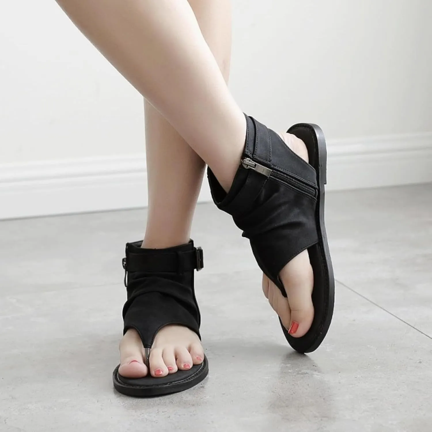 Women's Sandals, Summer Clip Toe Flat Shoes, Side Zipper Ankle High Top Roman Flip Shoes
