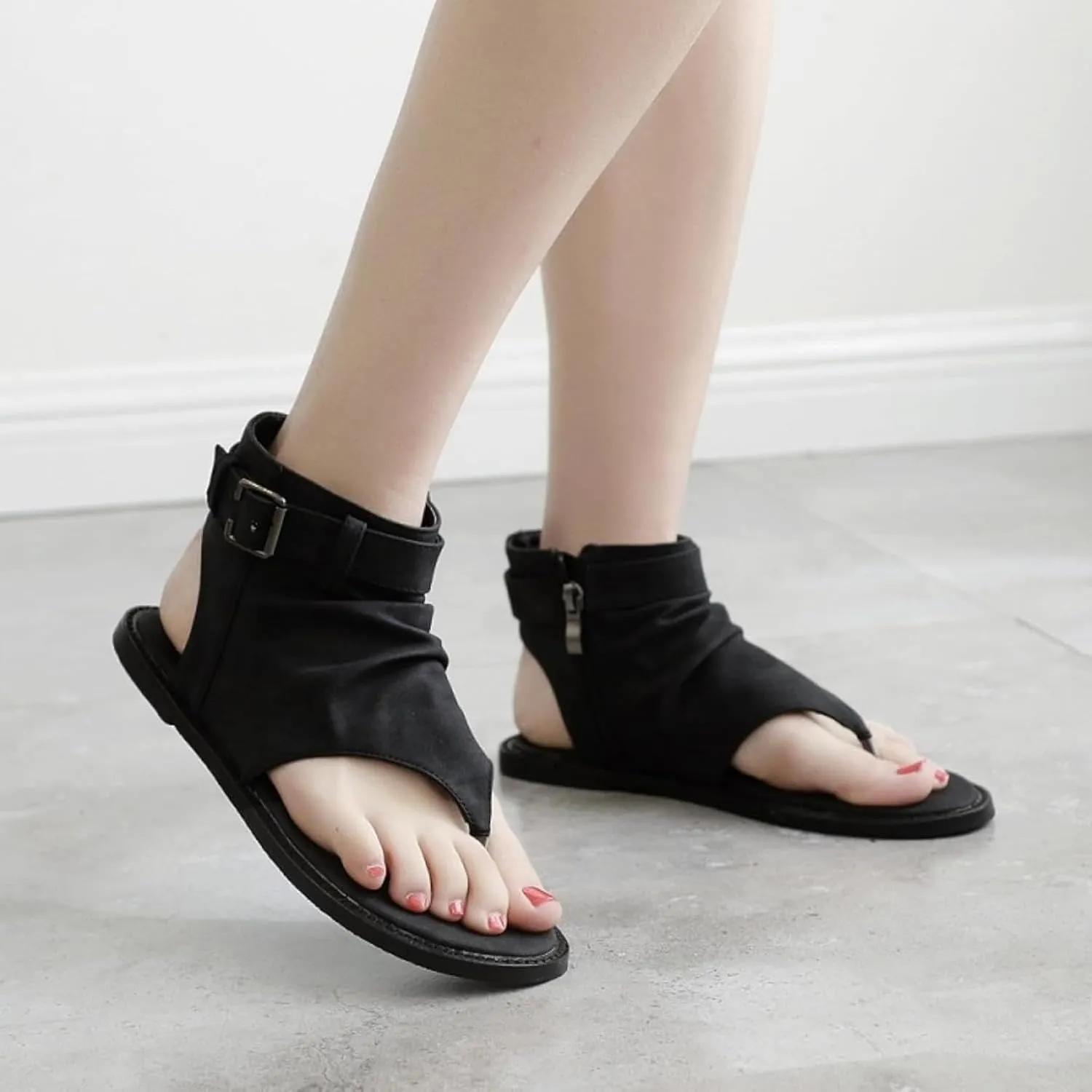 Women's Sandals, Summer Clip Toe Flat Shoes, Side Zipper Ankle High Top Roman Flip Shoes