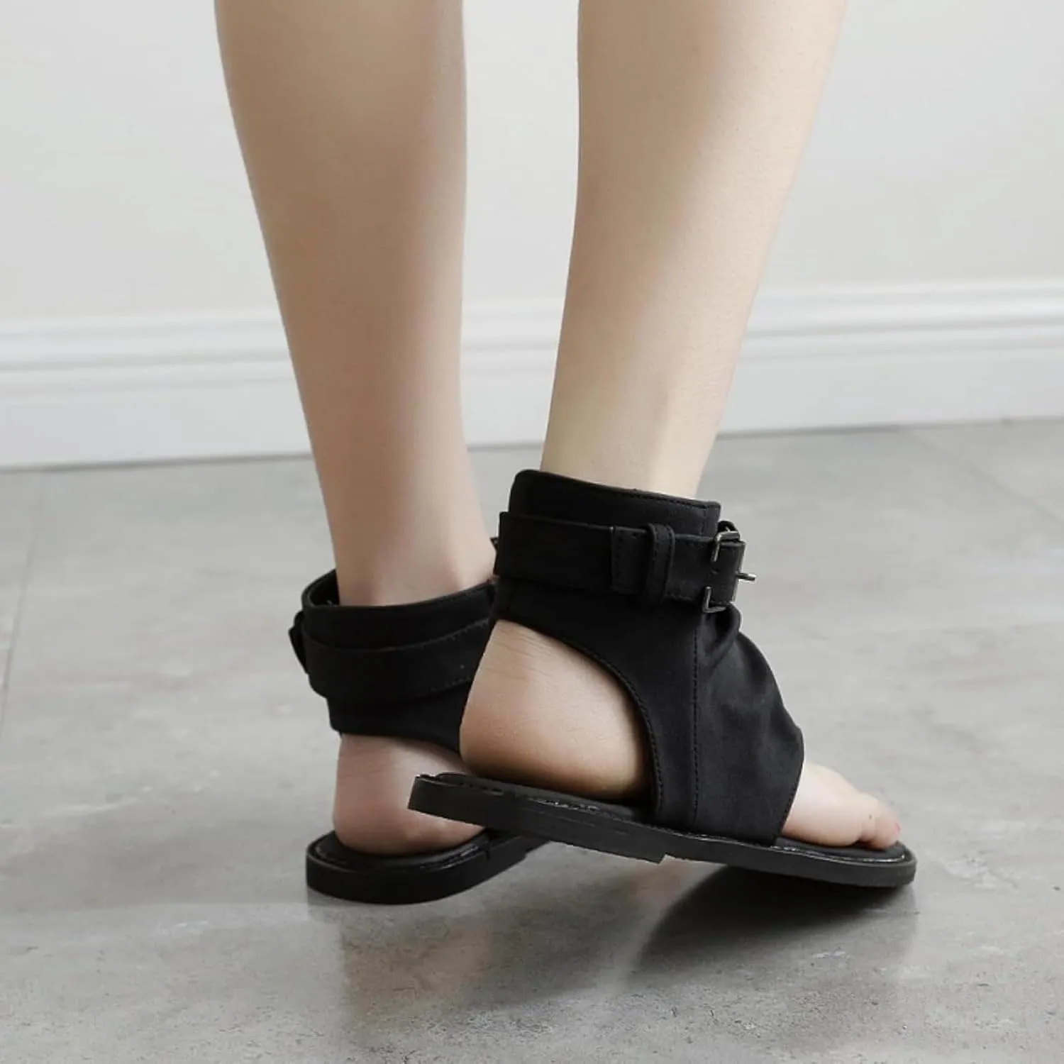 Women's Sandals, Summer Clip Toe Flat Shoes, Side Zipper Ankle High Top Roman Flip Shoes