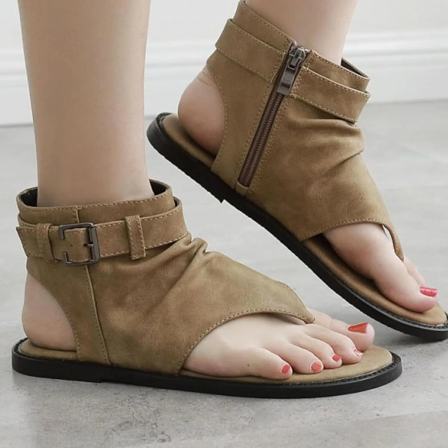 Women's Sandals, Summer Clip Toe Flat Shoes, Side Zipper Ankle High Top Roman Flip Shoes