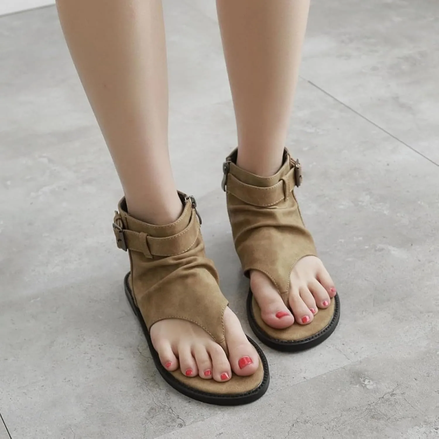 Women's Sandals, Summer Clip Toe Flat Shoes, Side Zipper Ankle High Top Roman Flip Shoes