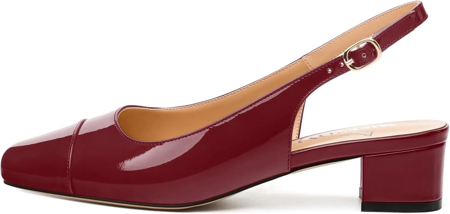 Women's Slingback Pumps, Low Chunky Heels Square Toe Pumps for Women, Block Heels Dress Shoes Closed Toe Comfortable Wedding Work Pump Sandals