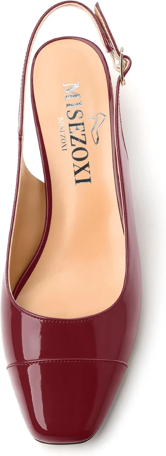 Women's Slingback Pumps, Low Chunky Heels Square Toe Pumps for Women, Block Heels Dress Shoes Closed Toe Comfortable Wedding Work Pump Sandals
