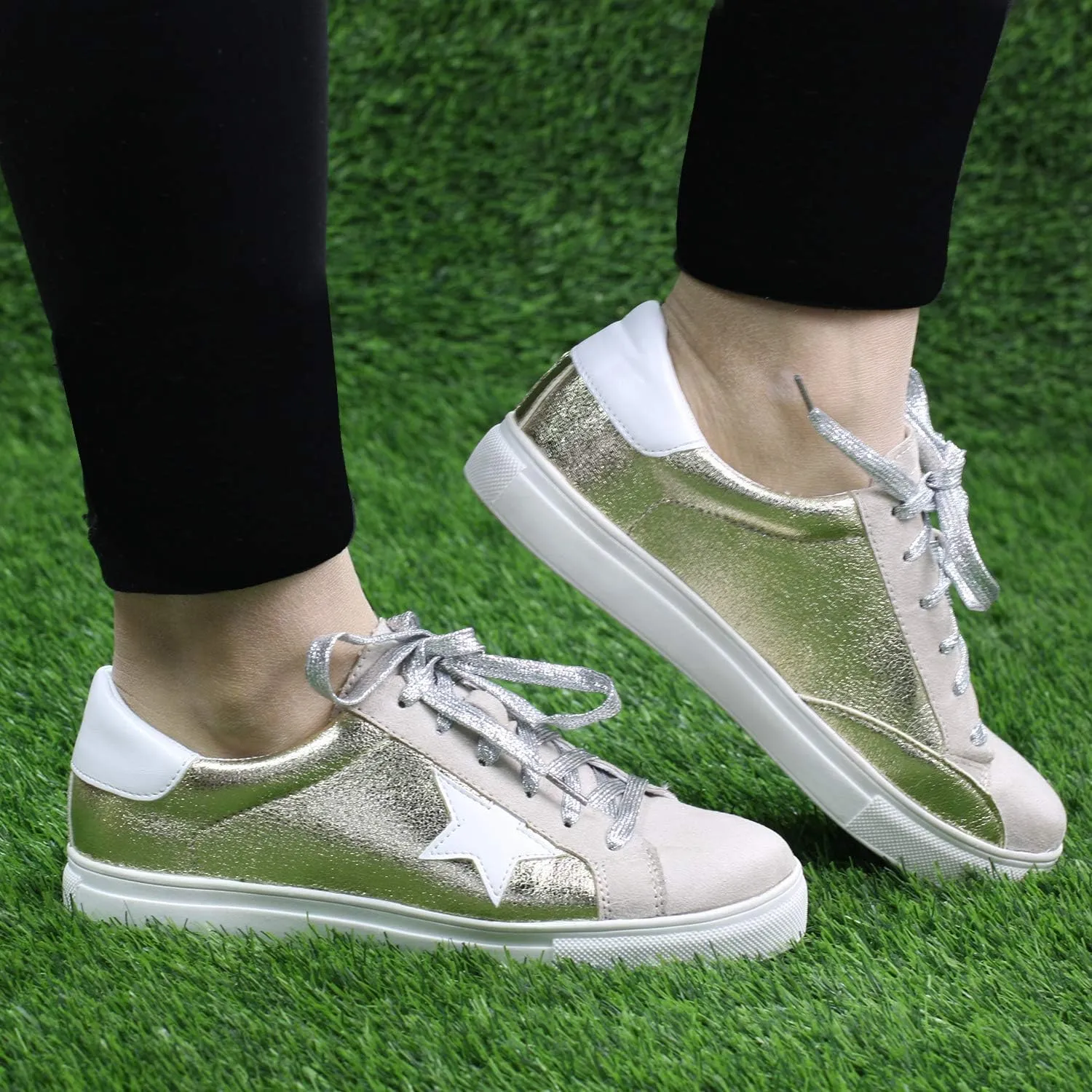 Womens Sneaker Flats Fashion Sneaker Glitter Metallic Lace Up Sparkle Slip On Street Casual Running Shoes