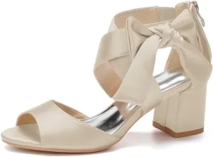 Womens Wedding Shoes Women's Low Block Heel Sandals Satin Bridal Chunky Ankle Strap Zipper Wedding Dress Shoes Low Heel Pump(Champagne,11)