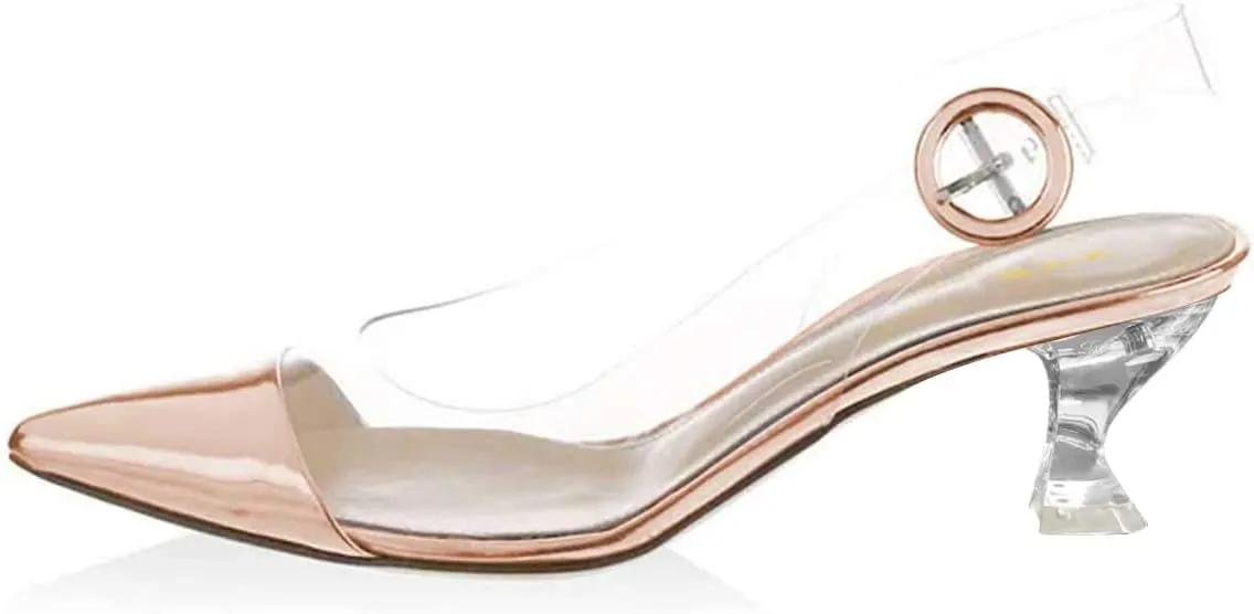 XYD Women Transparent Slingback Clear Low Heels Pumps Pointed Toe PVC Dress Block Sandals Shoes with Buckle