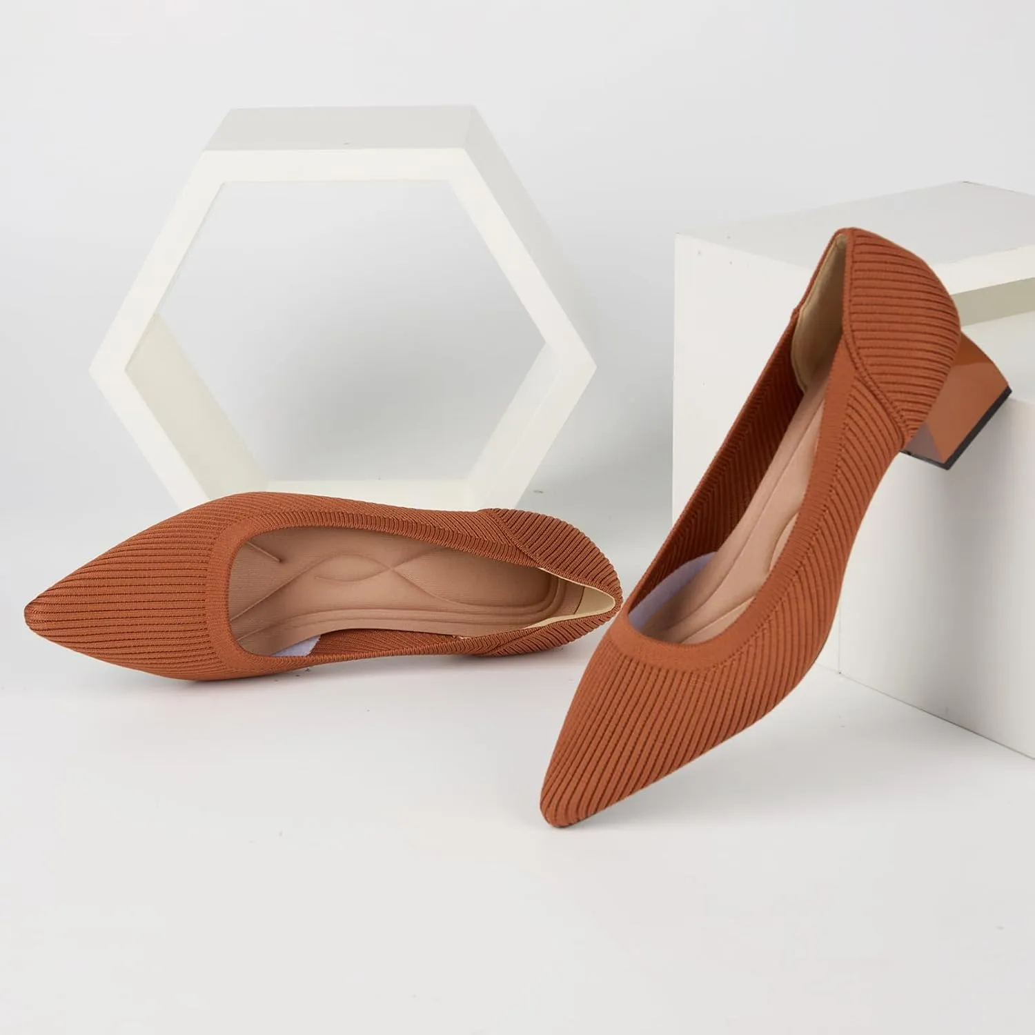 YEOJOU Heels for Women Knit Pointed Toe Women Pump Shoes Low Heel Comfortable Womens Dress Shoes Work